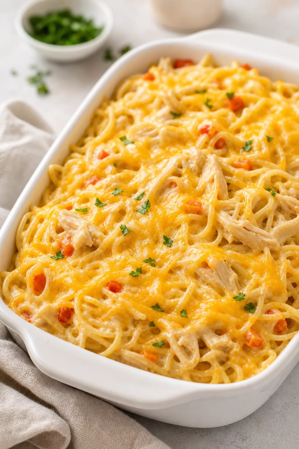 Creamy Chicken Spaghetti Bake served in a cozy home kitchen