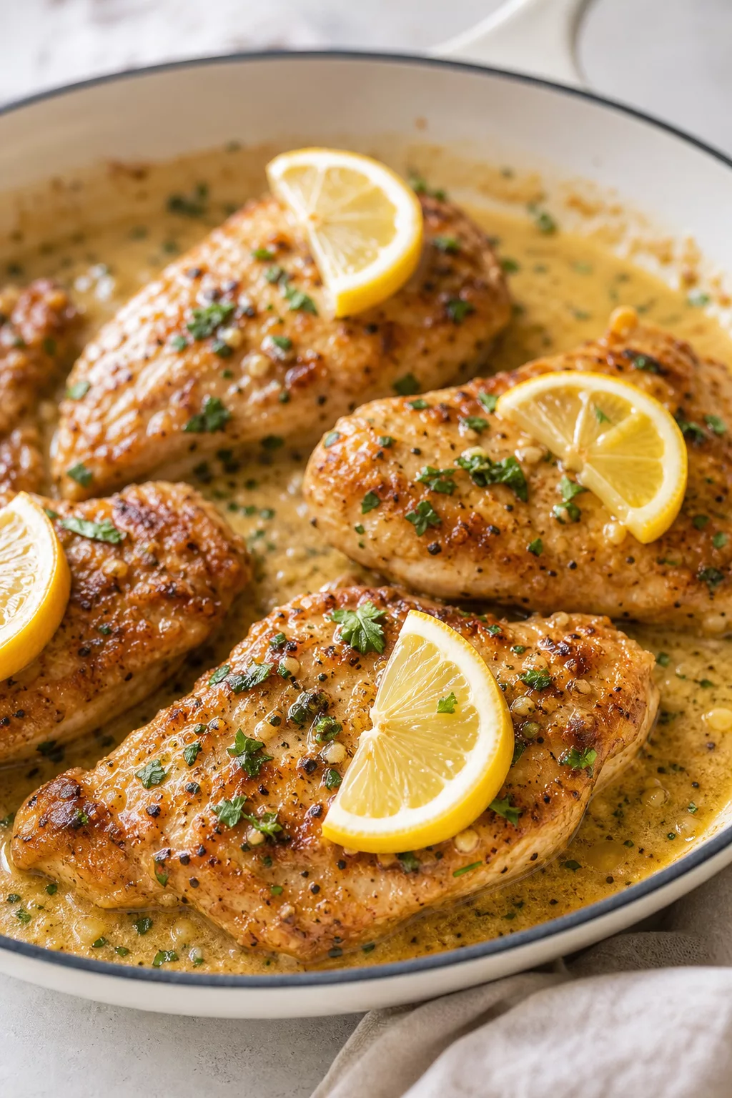 Creamy Lemon Butter Chicken Dinner served in a cozy home kitchen