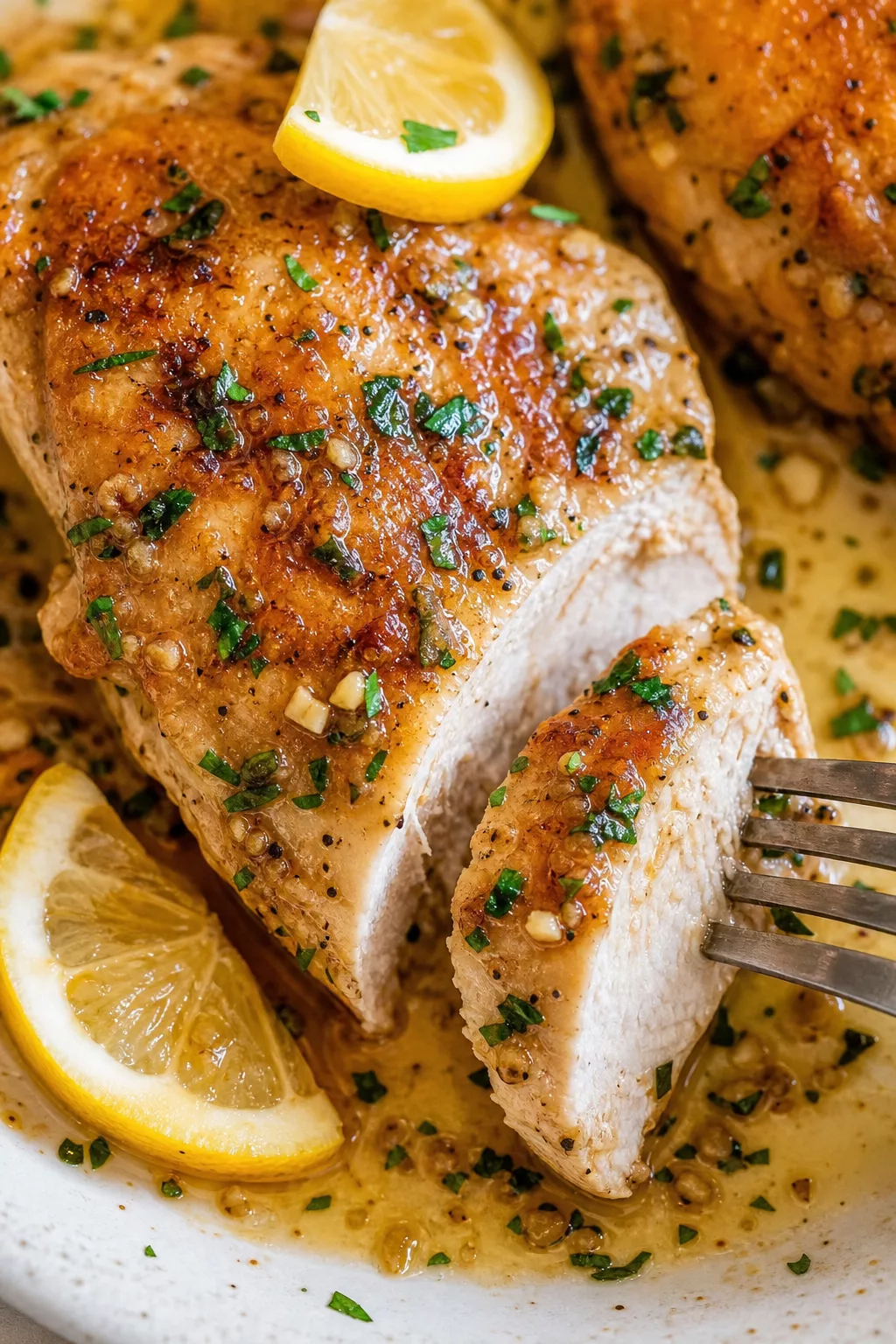 Creamy Lemon Butter Chicken Dinner close-up serving shot