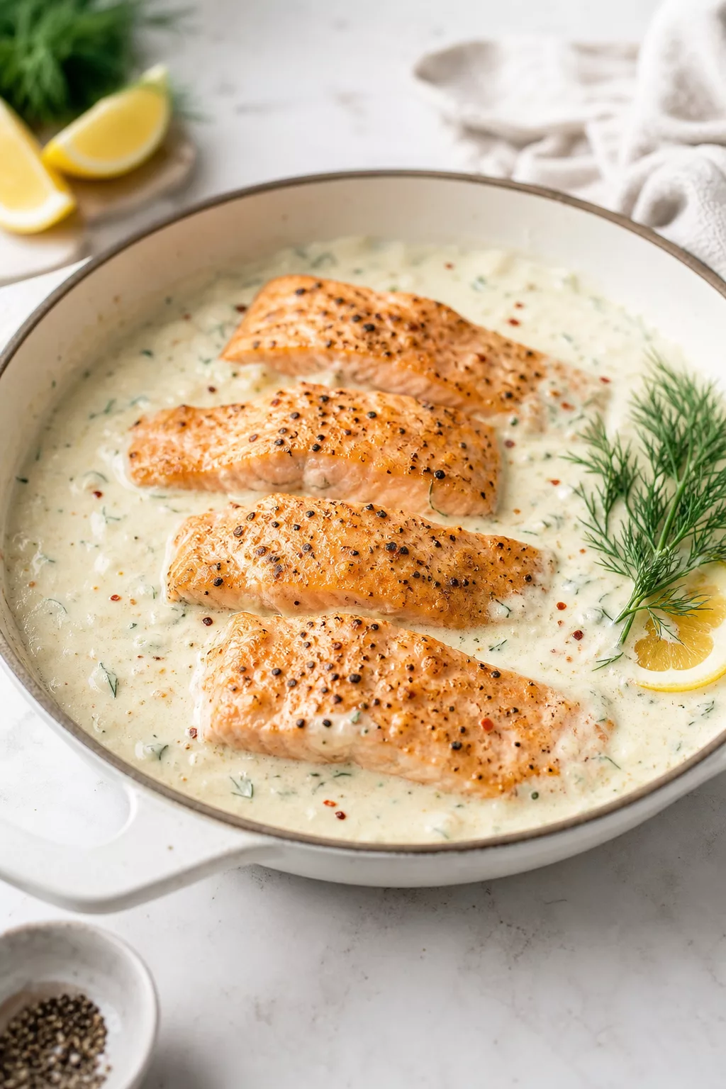 Creamy Lemon Salmon Dinner served in a cozy home kitchen