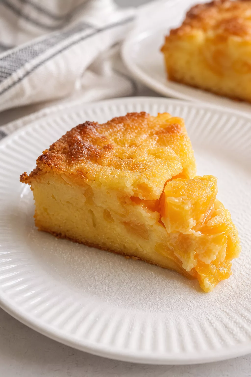 Creamy Peach Cake served in a cozy home kitchen