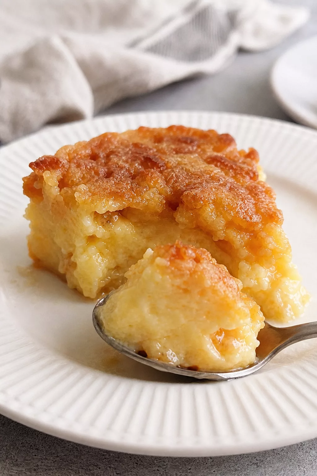 Creamy Peach Cake close-up serving shot