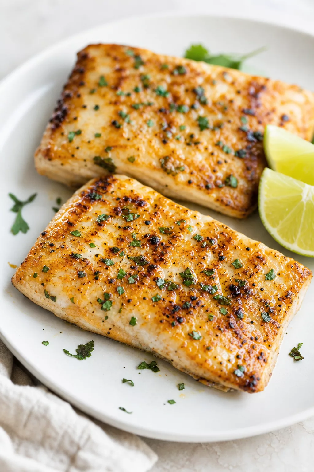 Herb-Crusted Orange Roughy with Lime served in a cozy home kitchen