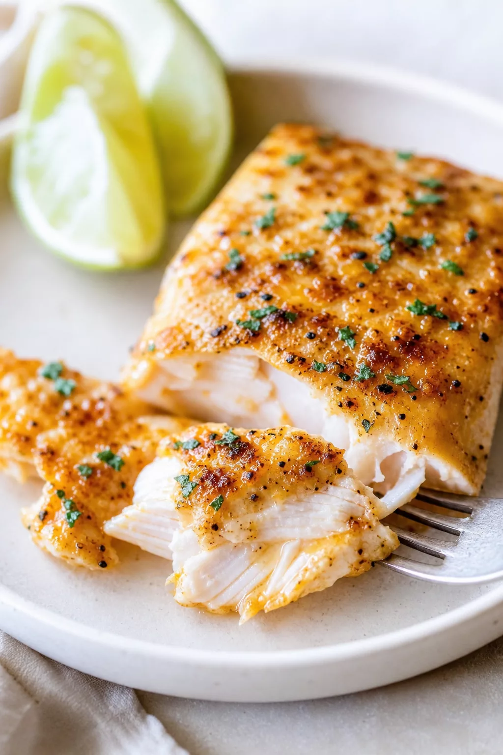 Herb-Crusted Orange Roughy with Lime close-up serving shot