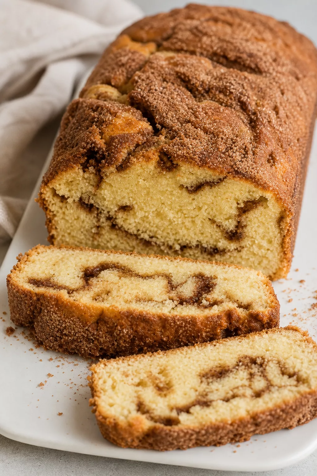 Homemade Cinnamon Swirl Bread served in a cozy home kitchen
