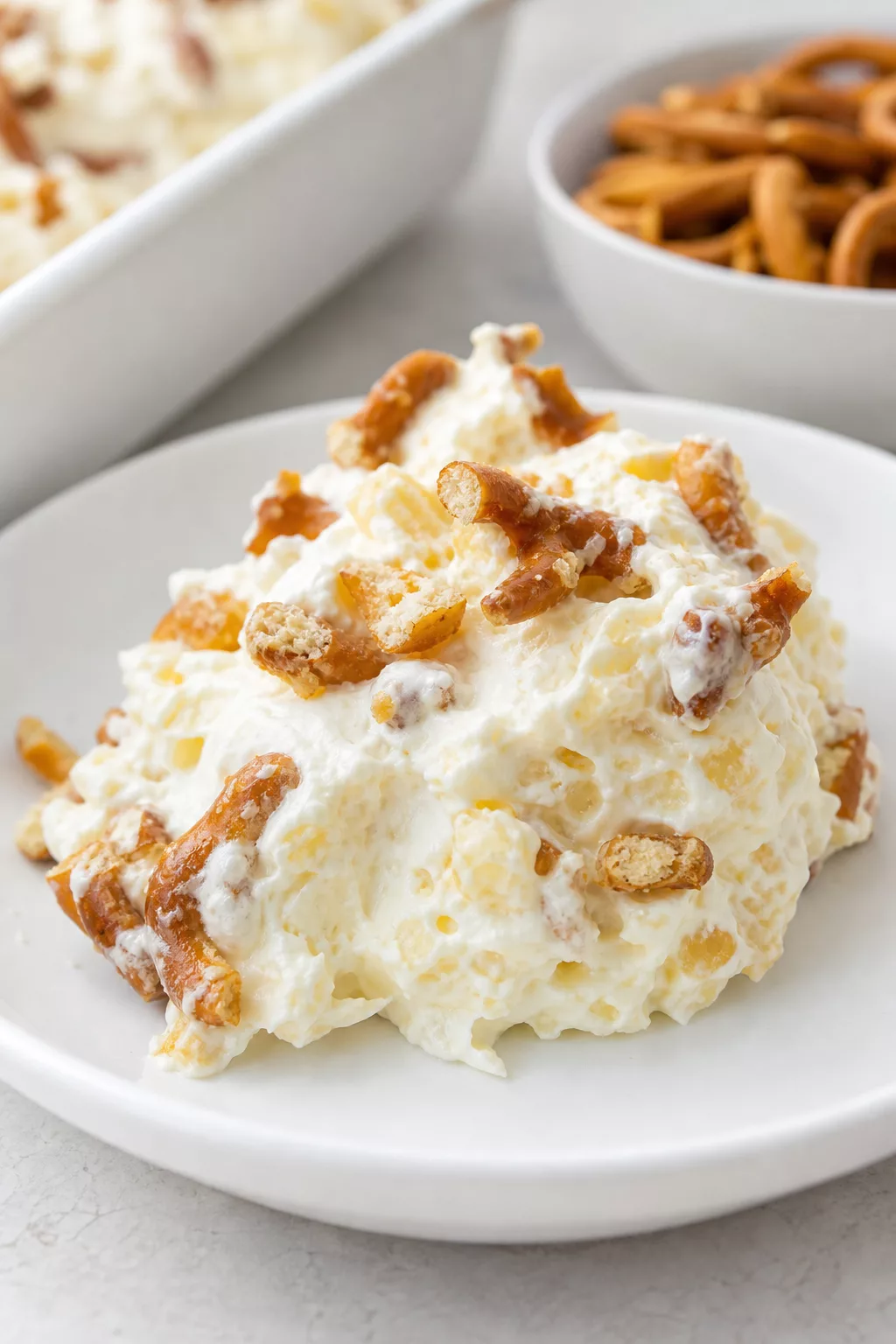 Pretzel Pineapple Fluff Salad close-up serving shot
