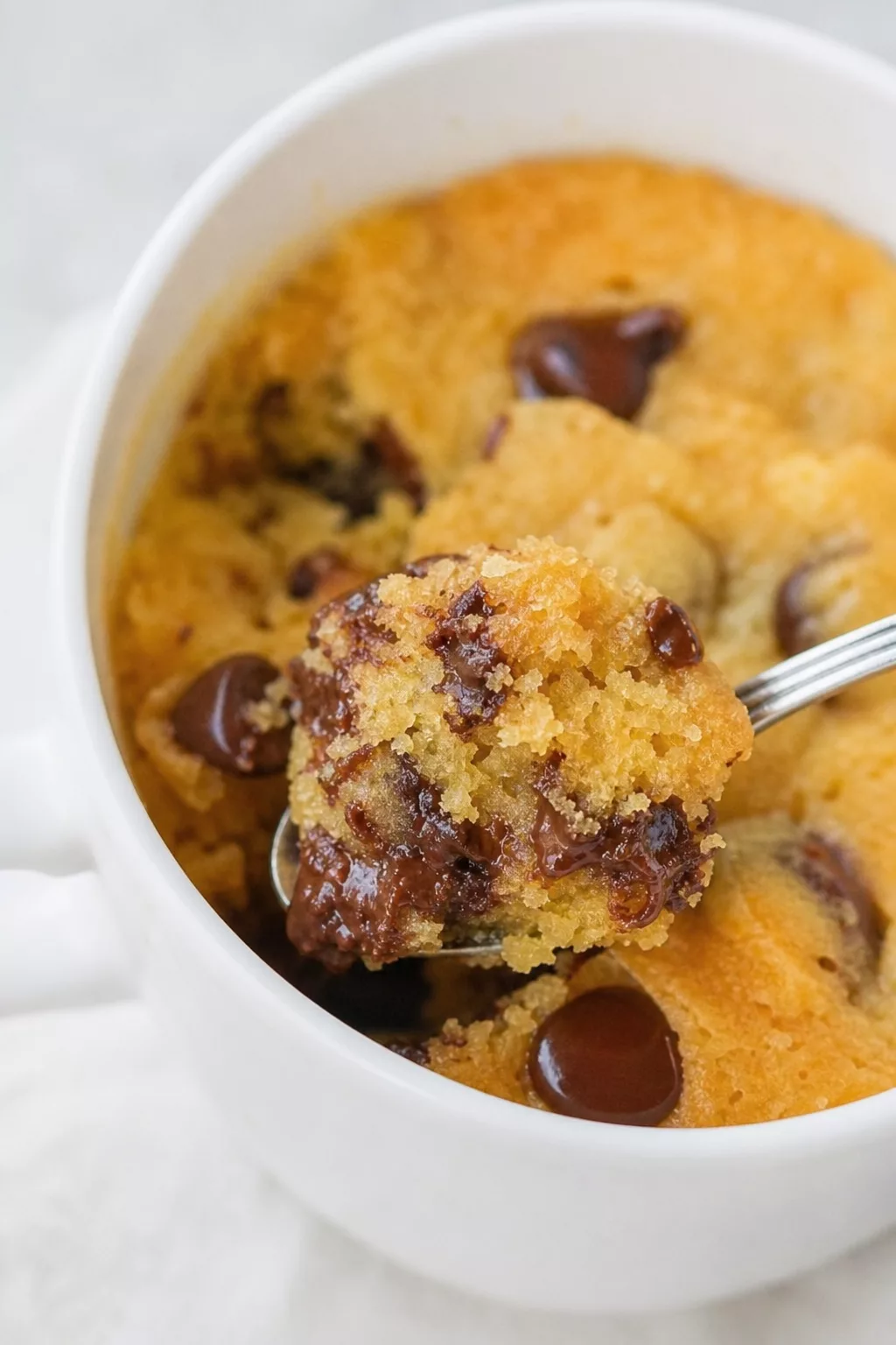 Quick Chocolate Chip Mug Cookie close-up serving shot