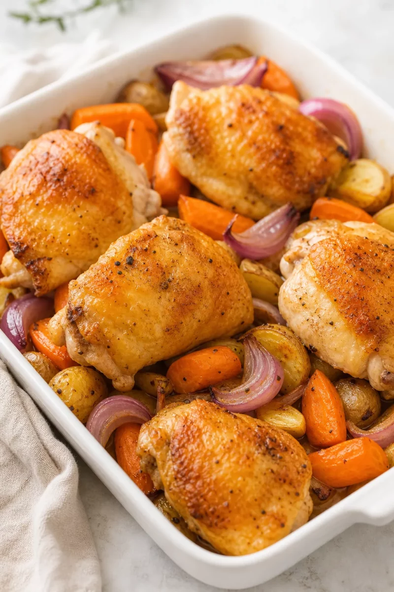 Roasted Chicken with Sheet Pan Vegetables served in a cozy home kitchen