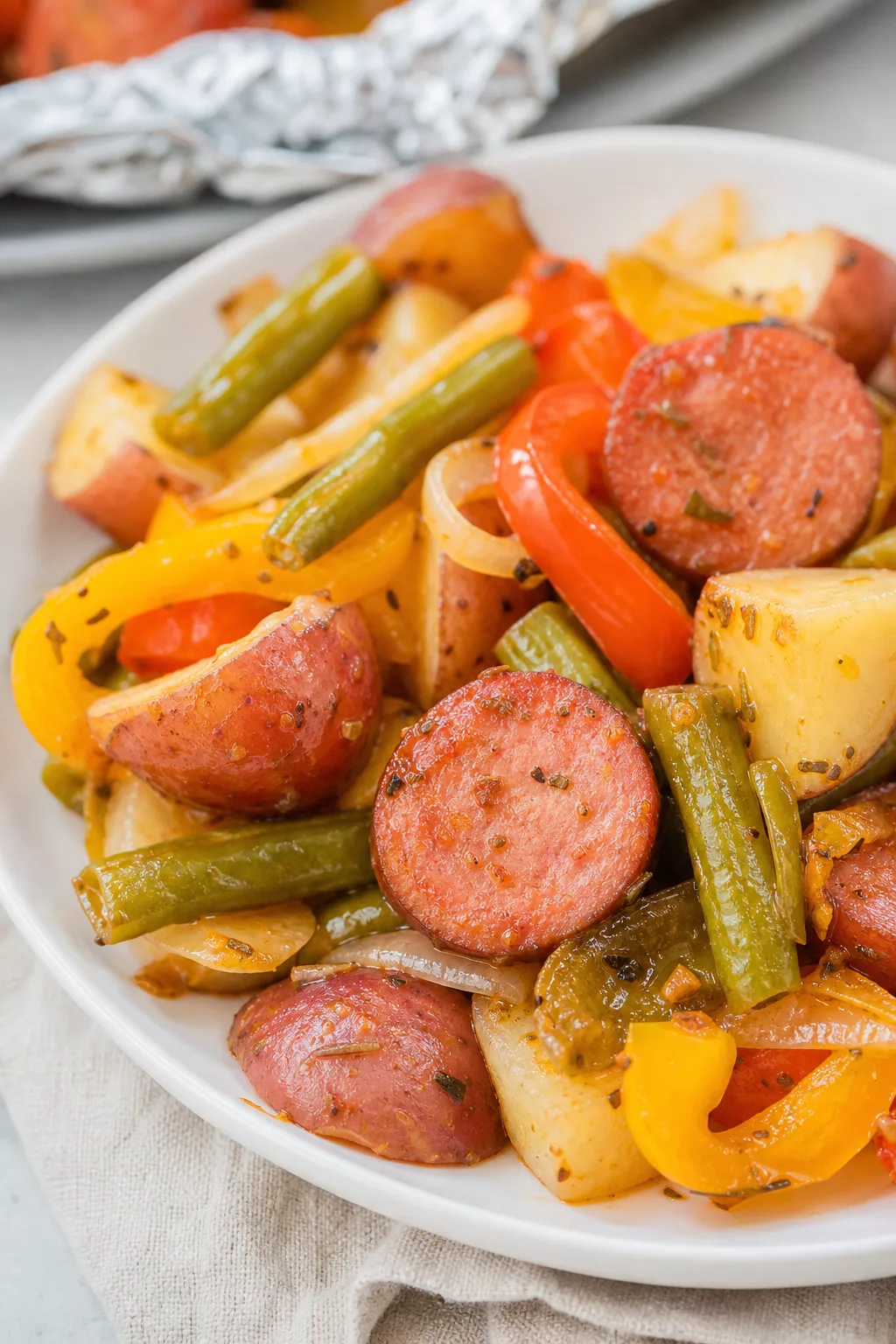 Sausage and Potato Foil Packets close-up serving shot