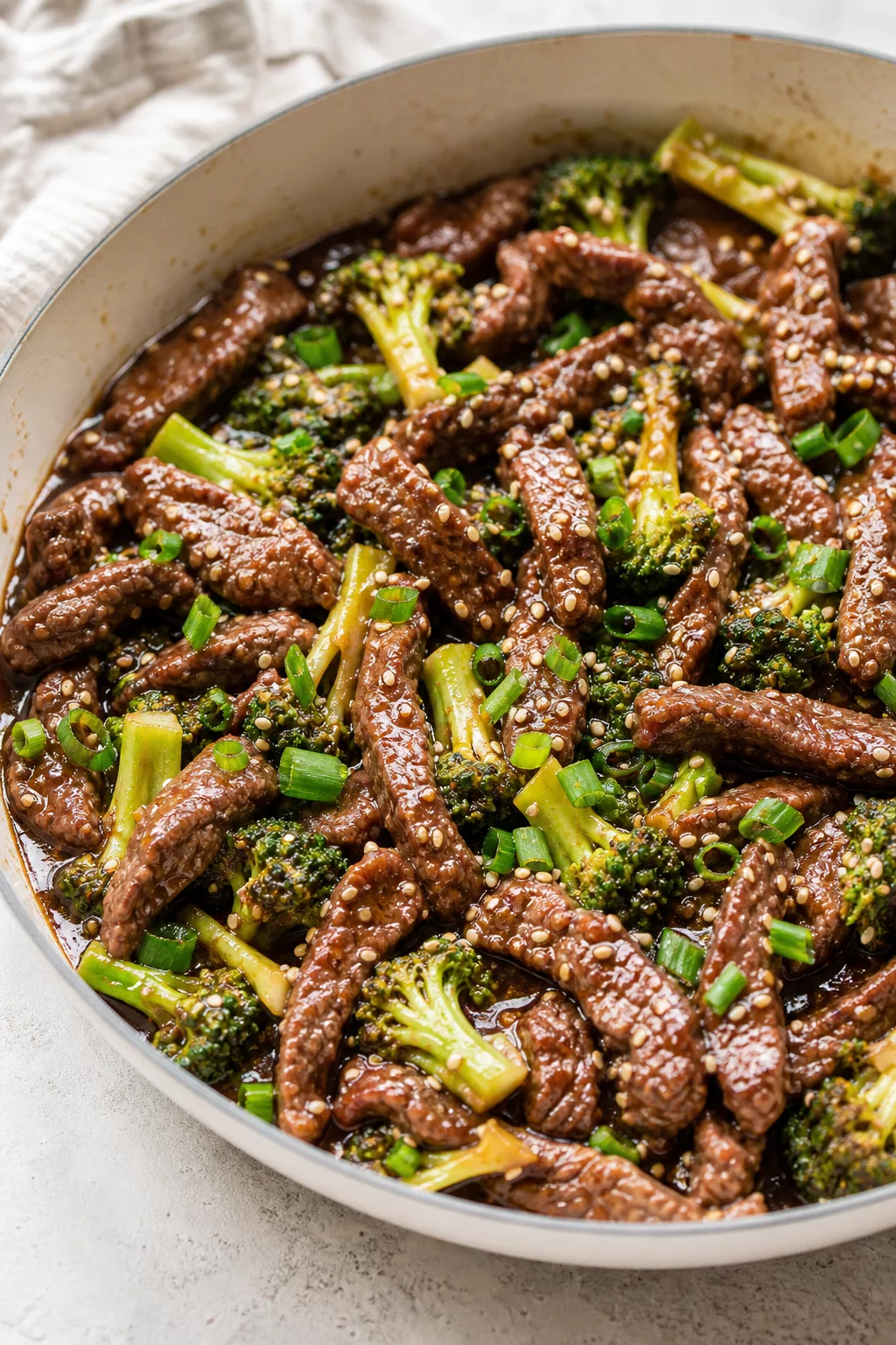 Skillet Beef and Broccoli Dinner served in a cozy home kitchen