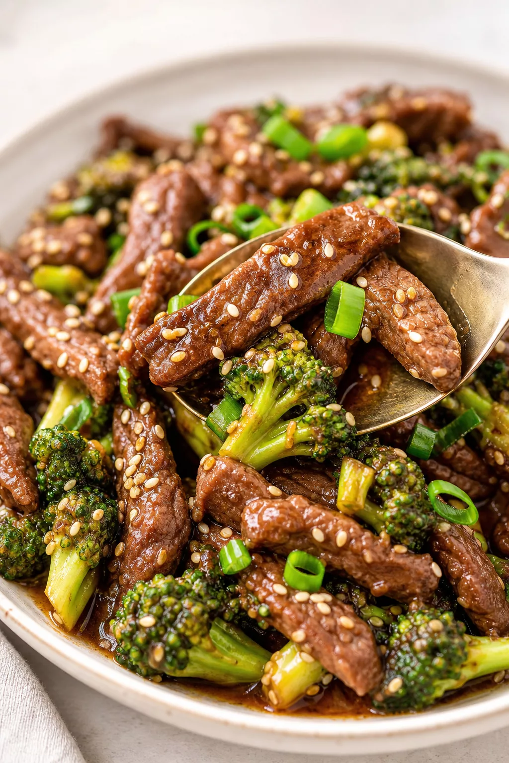 Skillet Beef and Broccoli Dinner close-up serving shot