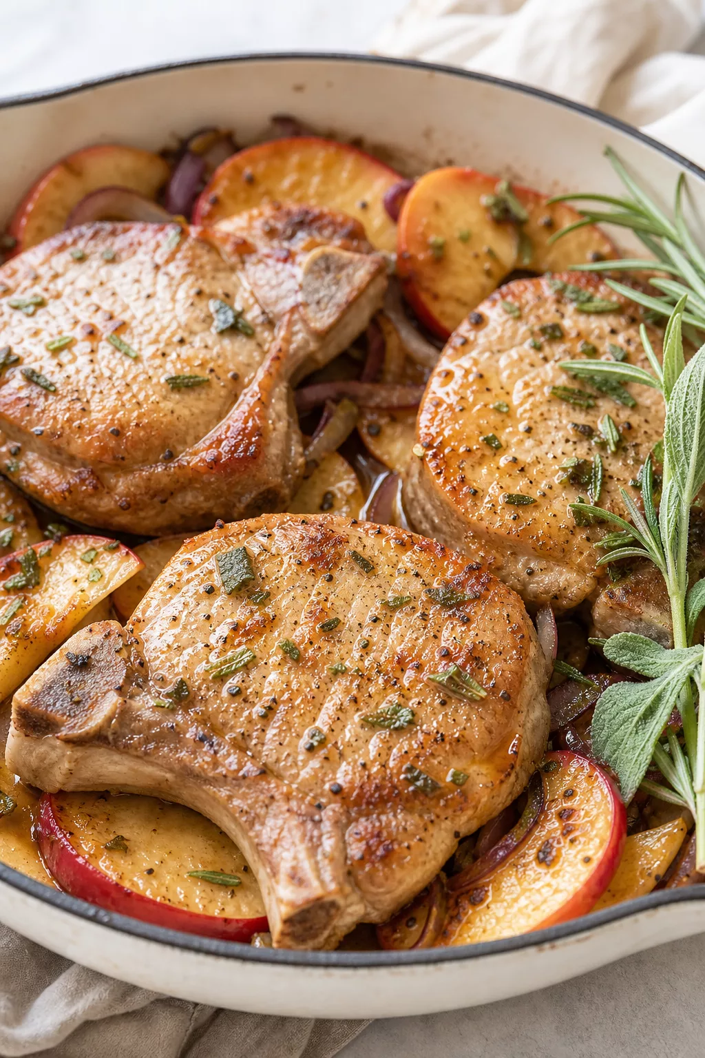 Skillet Pork Chops with Apples served in a cozy home kitchen
