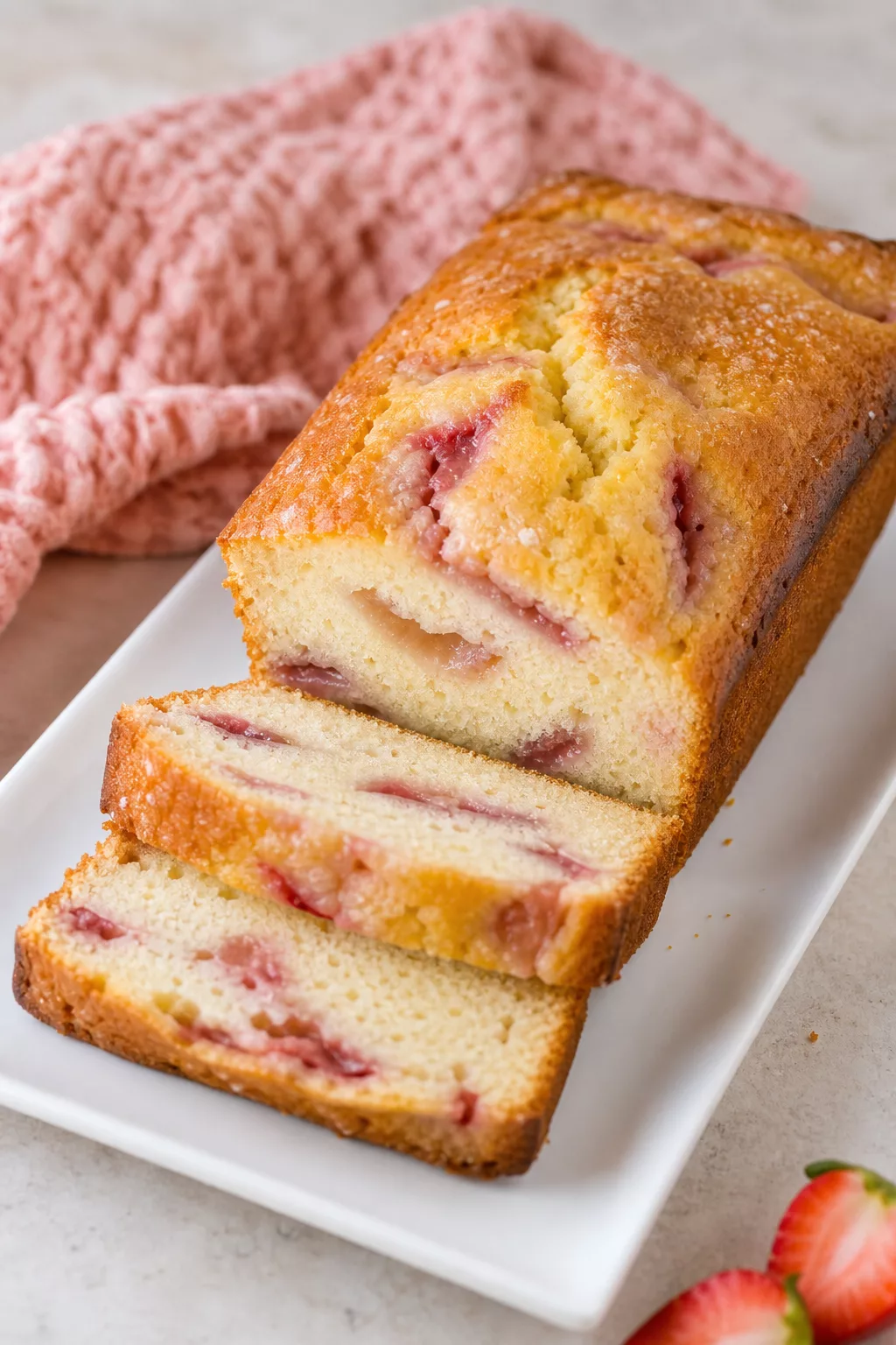Strawberry Cheesecake Loaf served in a cozy home kitchen
