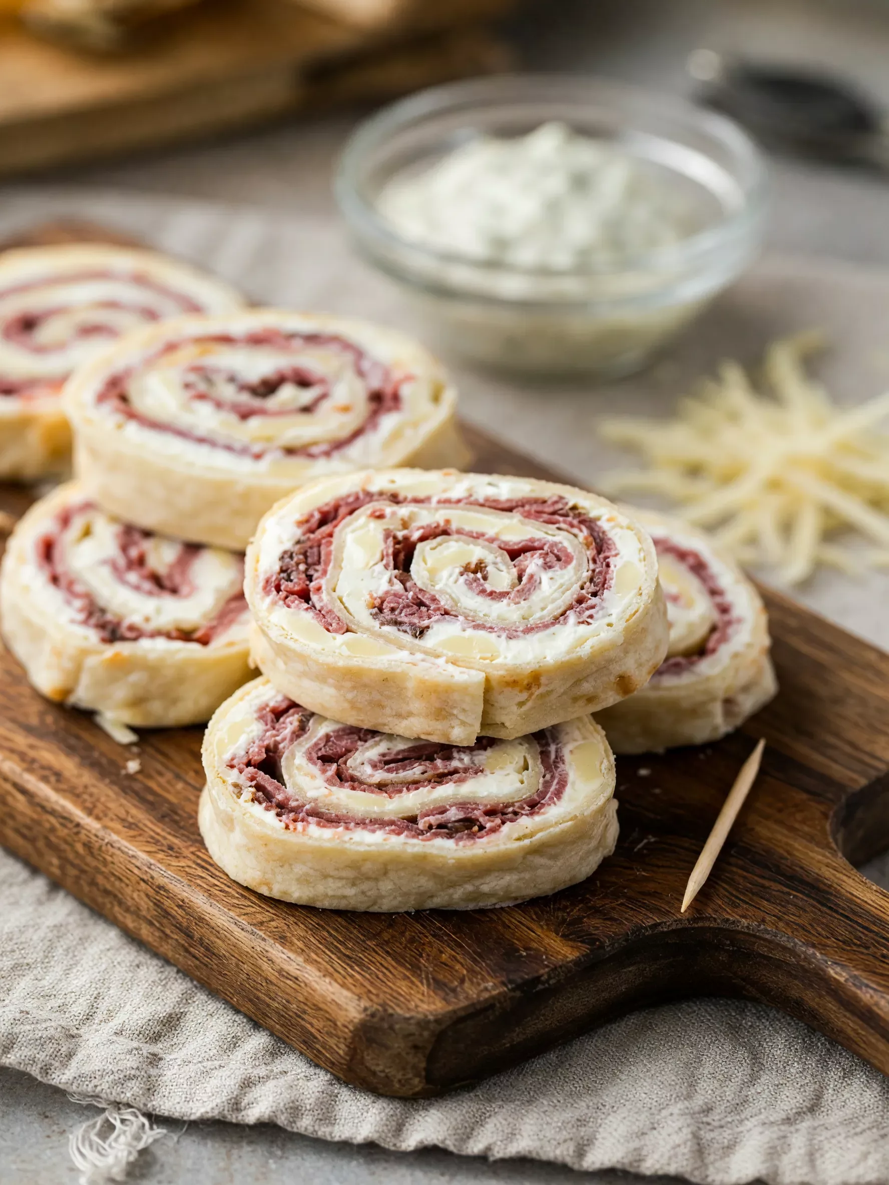 Beef Pinwheel Bites close-up serving shot