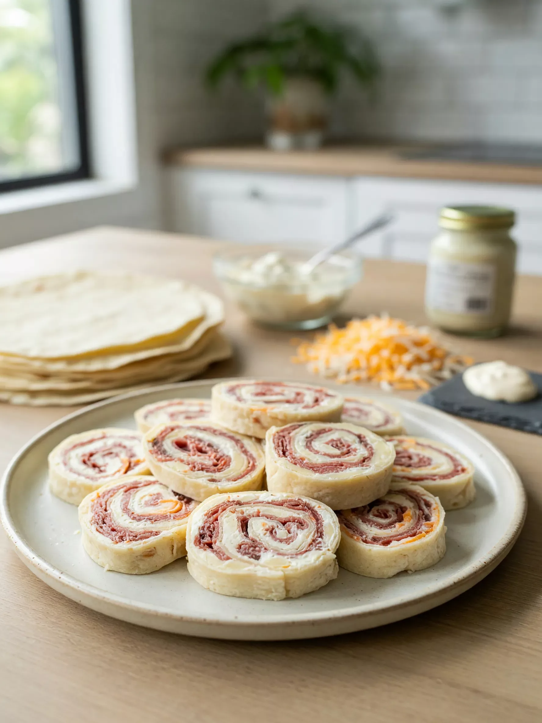 Beef Pinwheel Bites served in a cozy home kitchen