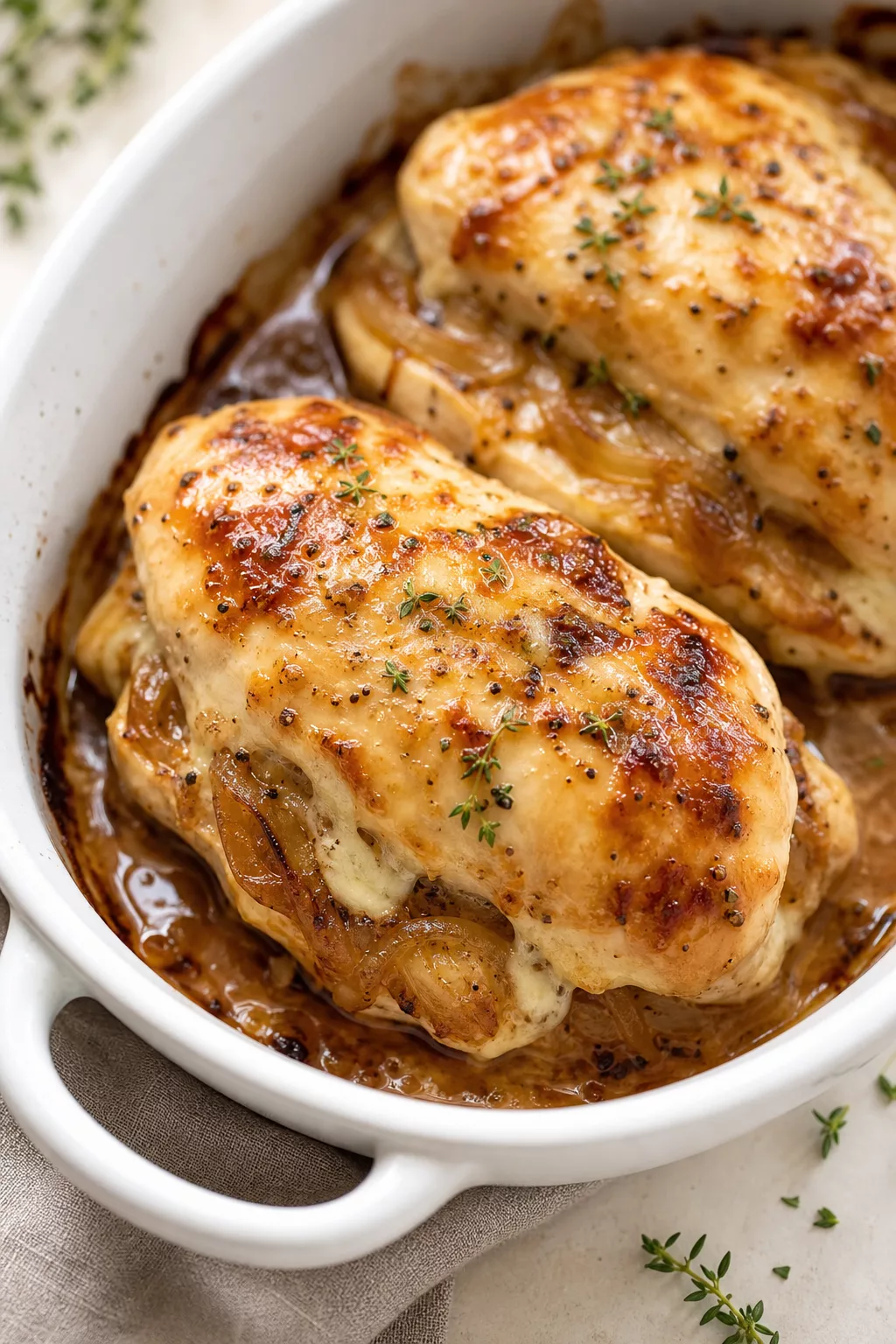 Chicken Breasts Stuffed with French Onions served in a cozy home kitchen
