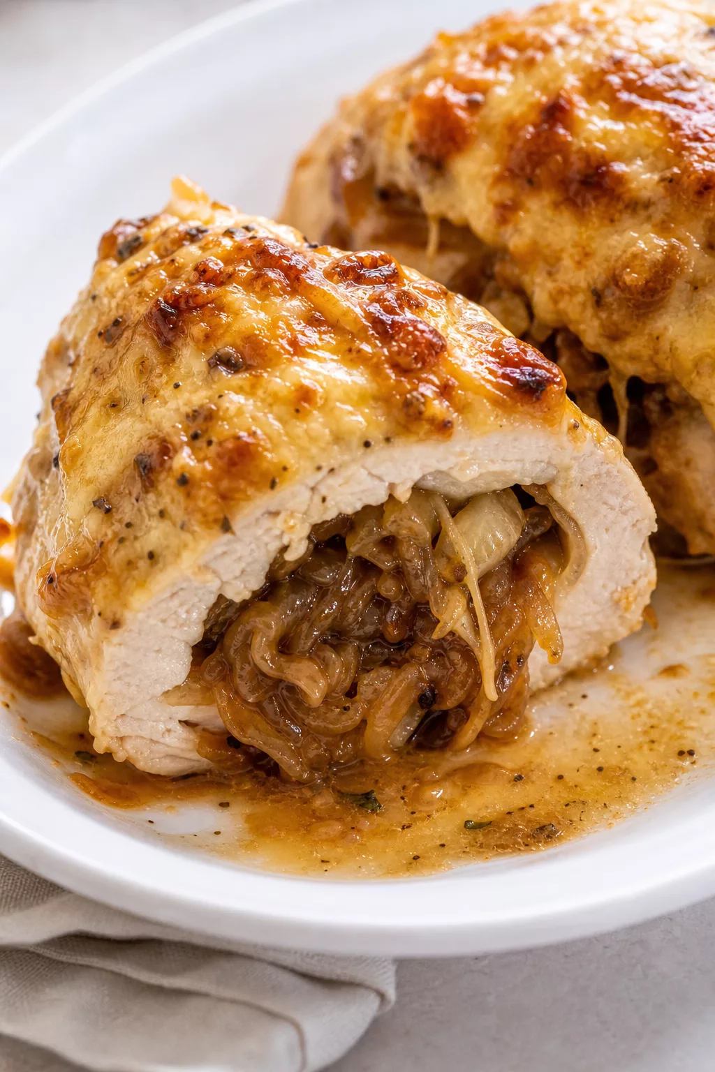 Chicken Breasts Stuffed with French Onions close-up serving shot