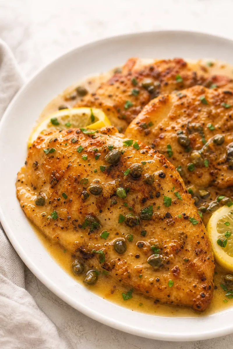 Chicken Piccata with Lemon and Capers served in a cozy home kitchen