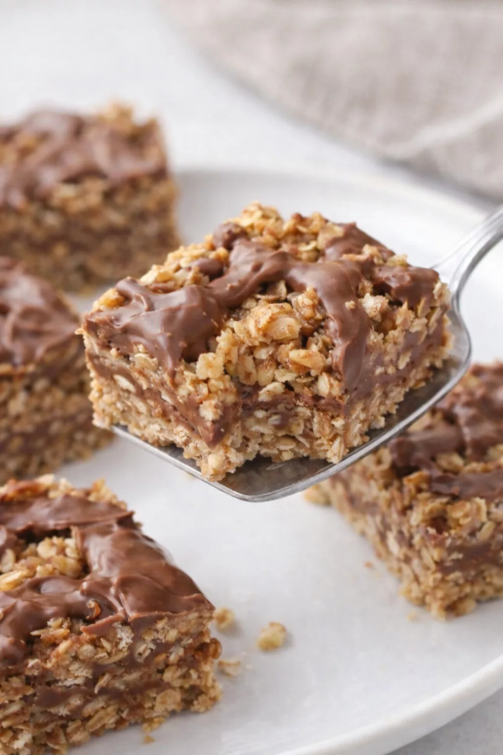 Chocolate Oat Bars, No Baking Required close-up serving shot