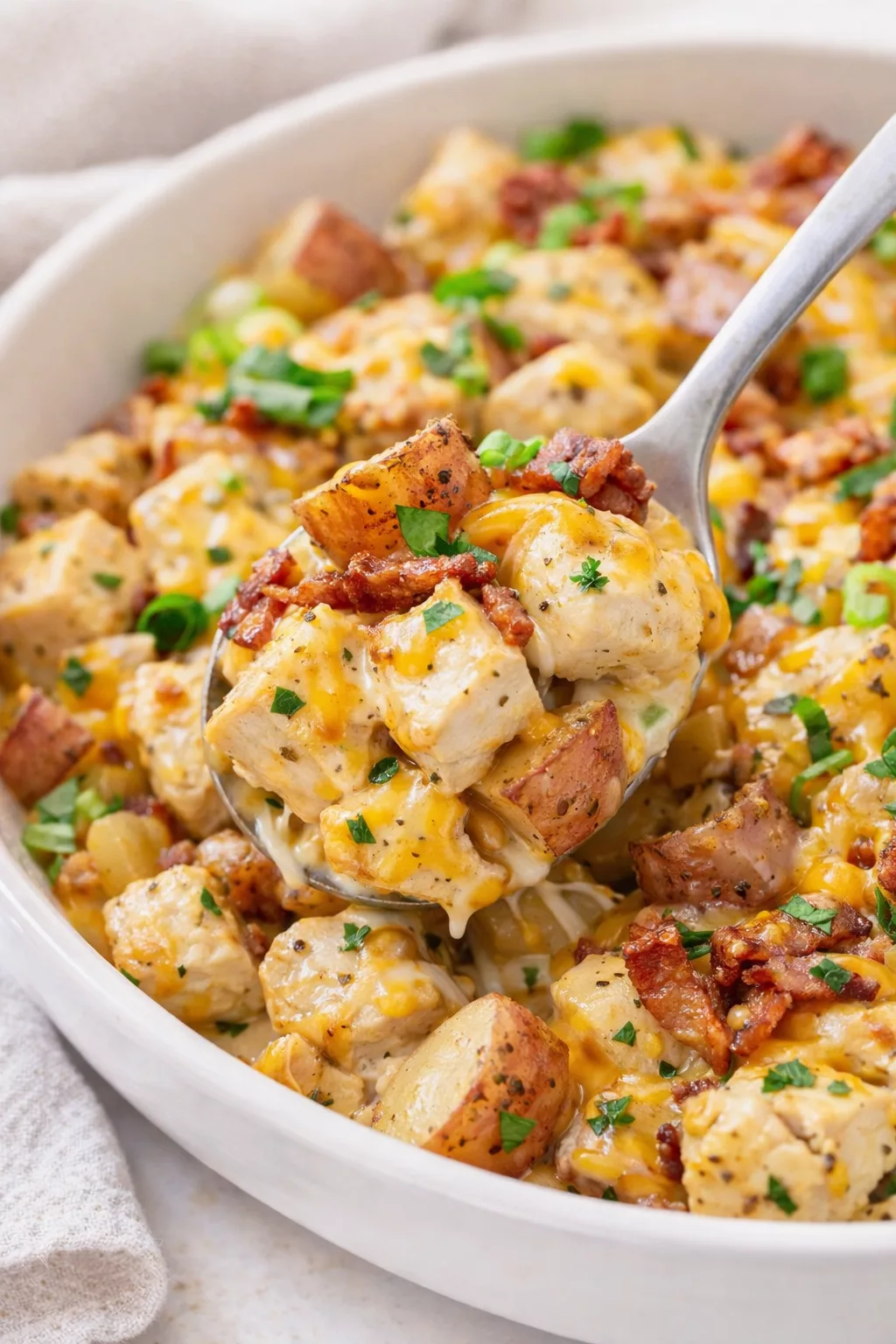 Creamy Chicken and Potato Bake close-up serving shot