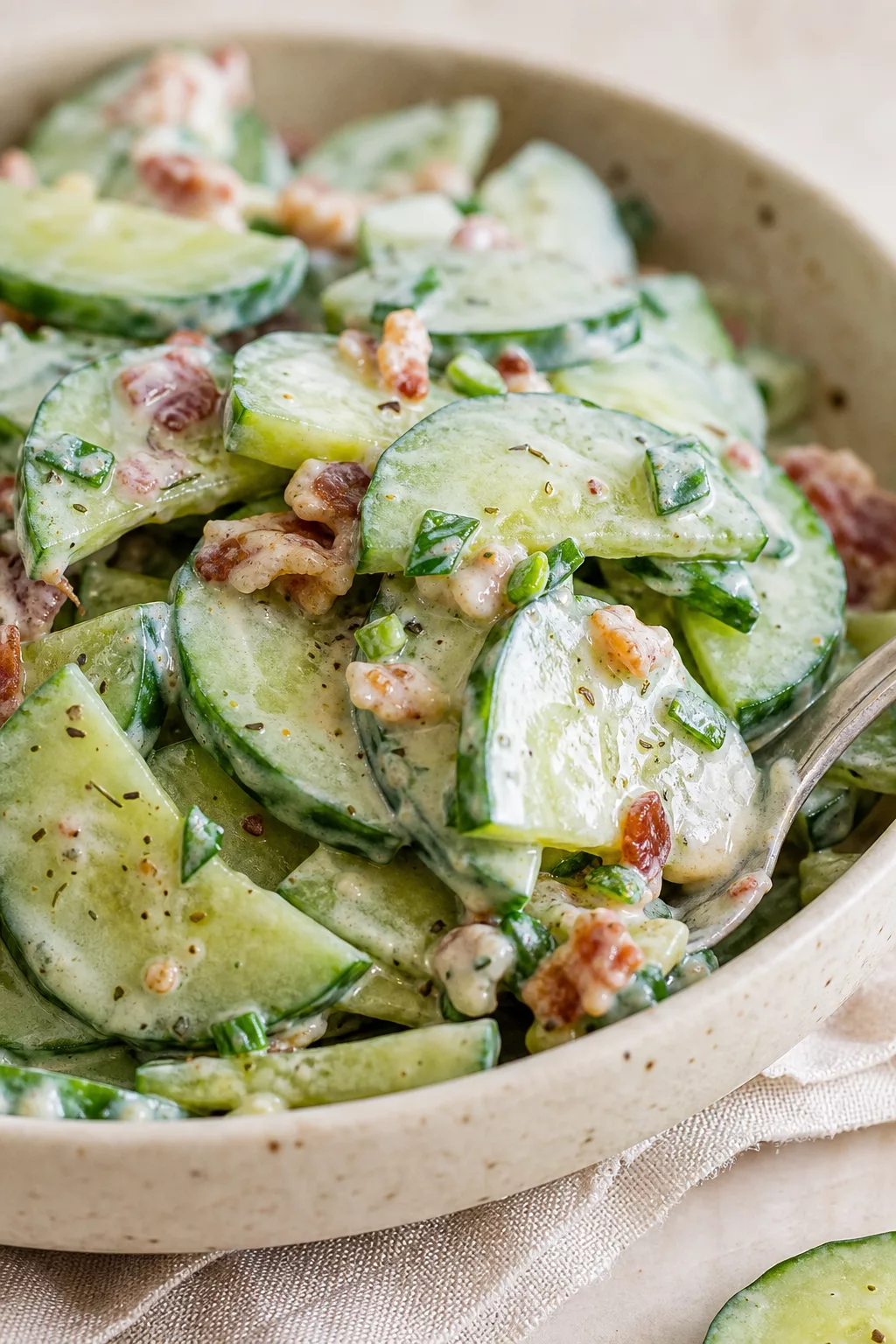 Crispy Cucumber Salad with Creamy Dressing close-up serving shot