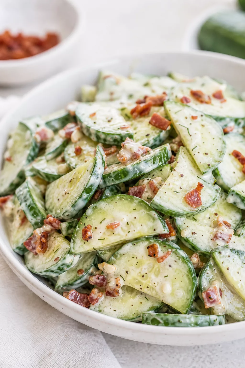 Crispy Cucumber Salad with Creamy Dressing served in a cozy home kitchen