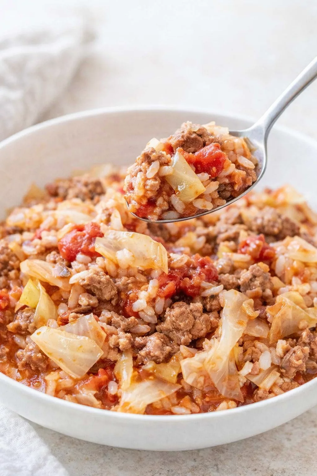 Deconstructed Cabbage Roll Skillet close-up serving shot