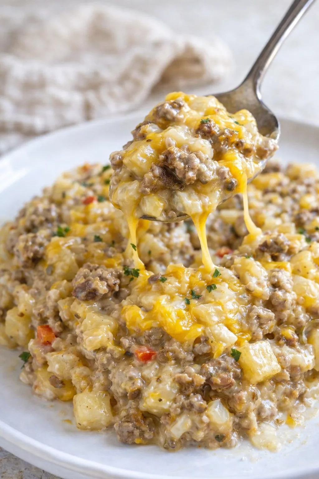 Hearty Beef and Rice Casserole close-up serving shot