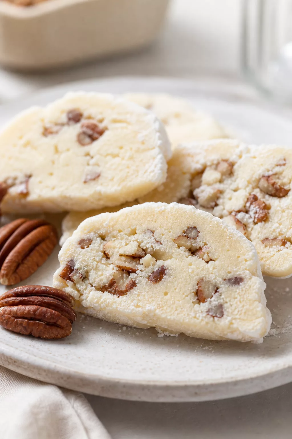 Homemade Pecan Log Cookies close-up serving shot