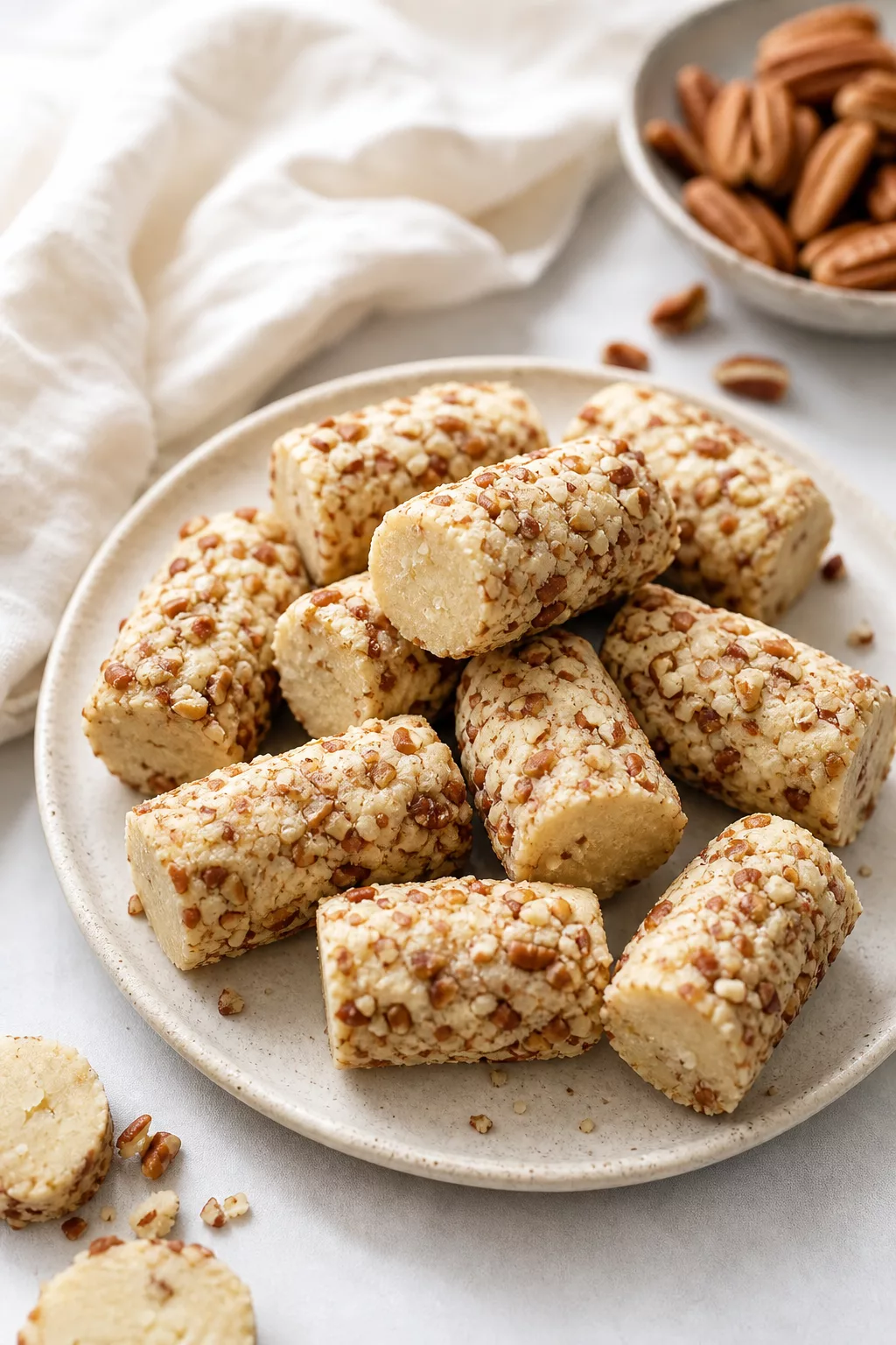 Homemade Pecan Log Cookies served in a cozy home kitchen