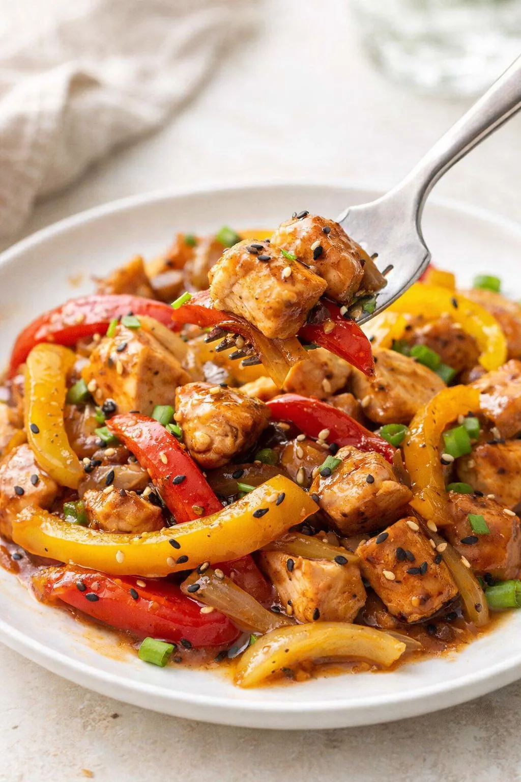 Skillet Black Pepper Chicken Dinner close-up serving shot