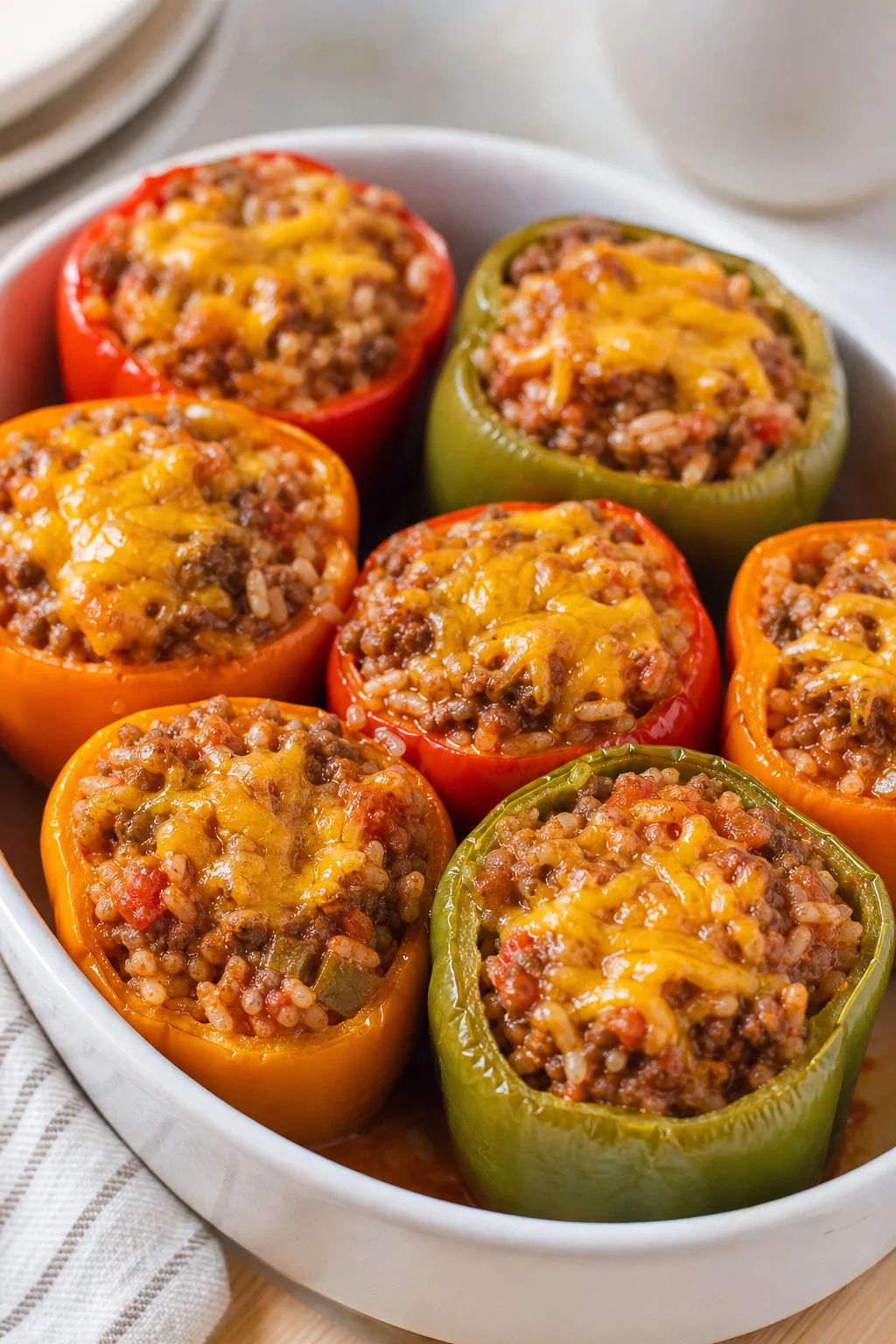 Slow Cooker Peppers Stuffed with Ground Beef and Rice served in a cozy home kitchen
