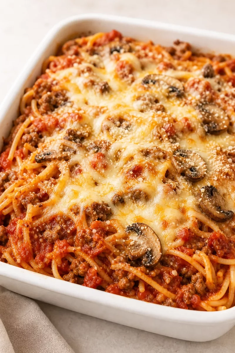 Spaghetti Pizza Bake served in a cozy home kitchen