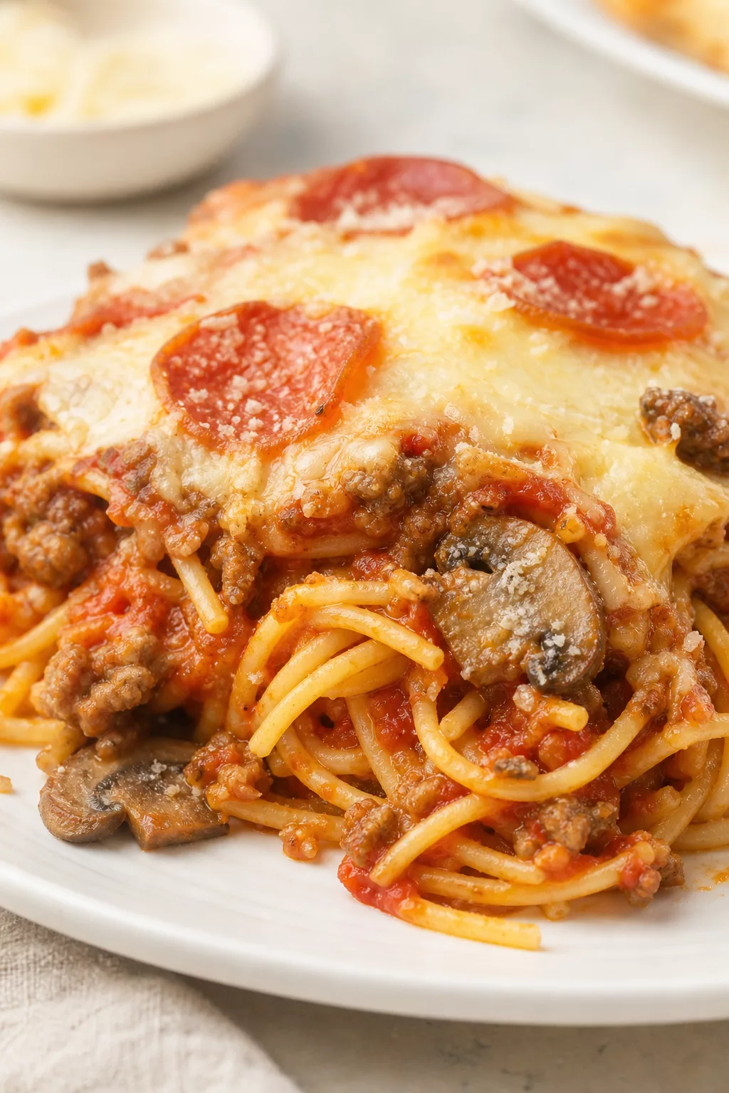 Spaghetti Pizza Bake close-up serving shot