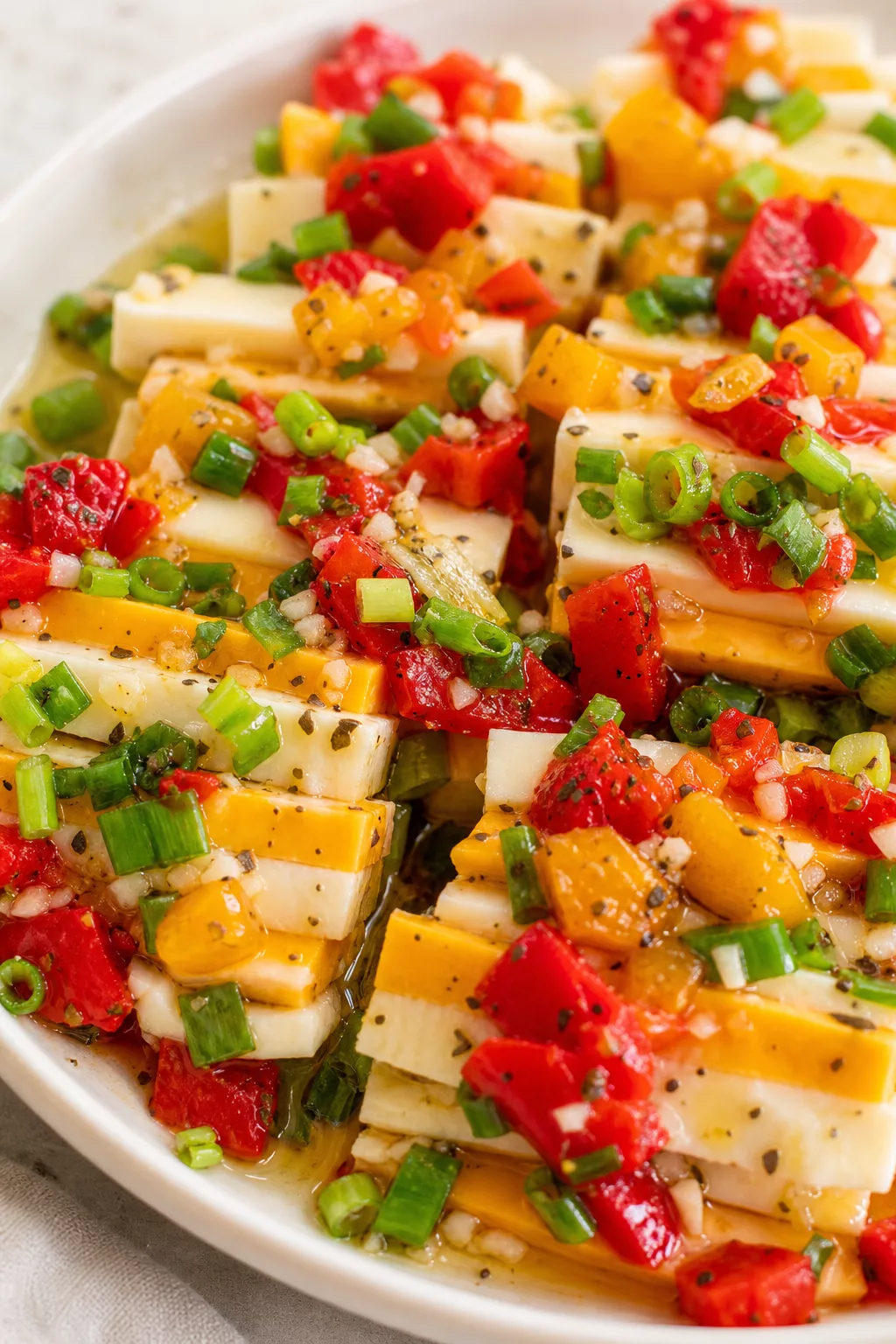 Tangy Marinated Cheese Board close-up serving shot